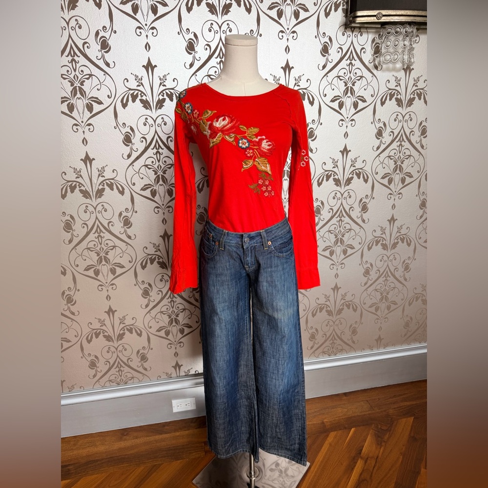 Notify NFY Wide Leg Jeans - 27 + Vintage Y2K Red Floral Embroidered Top - S